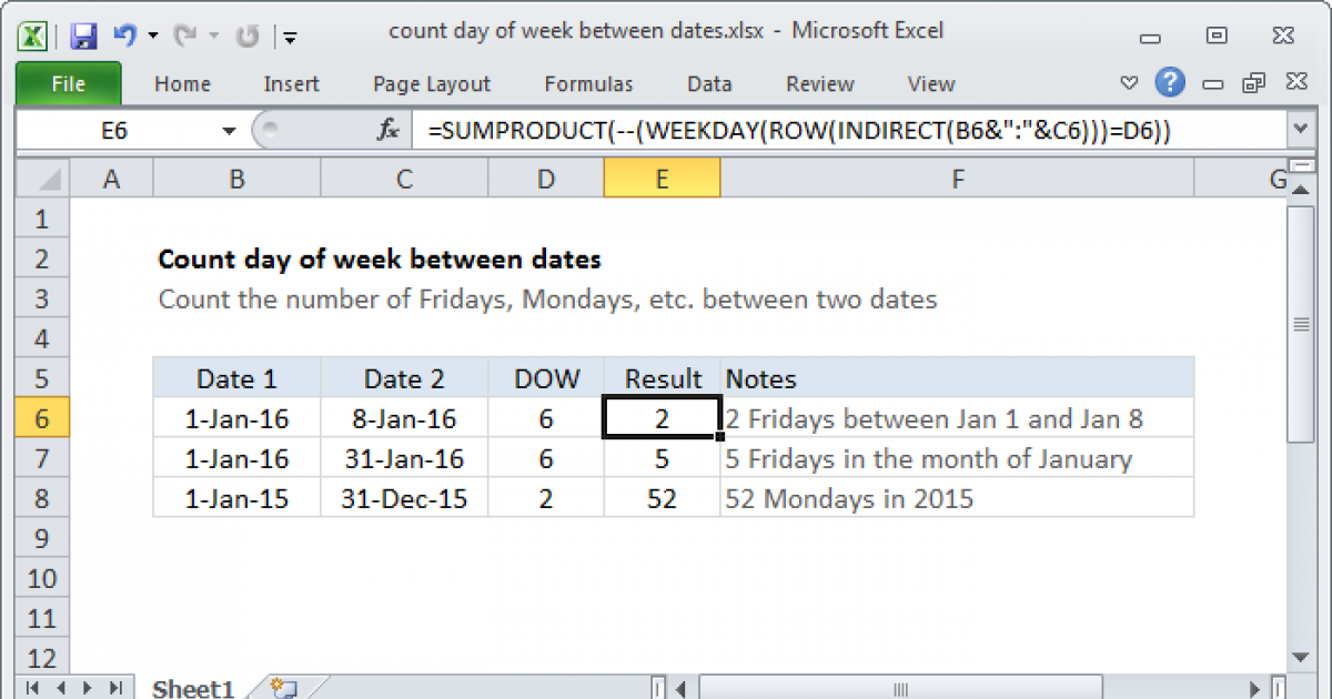 Count day of week between dates Excel formula Exceljet